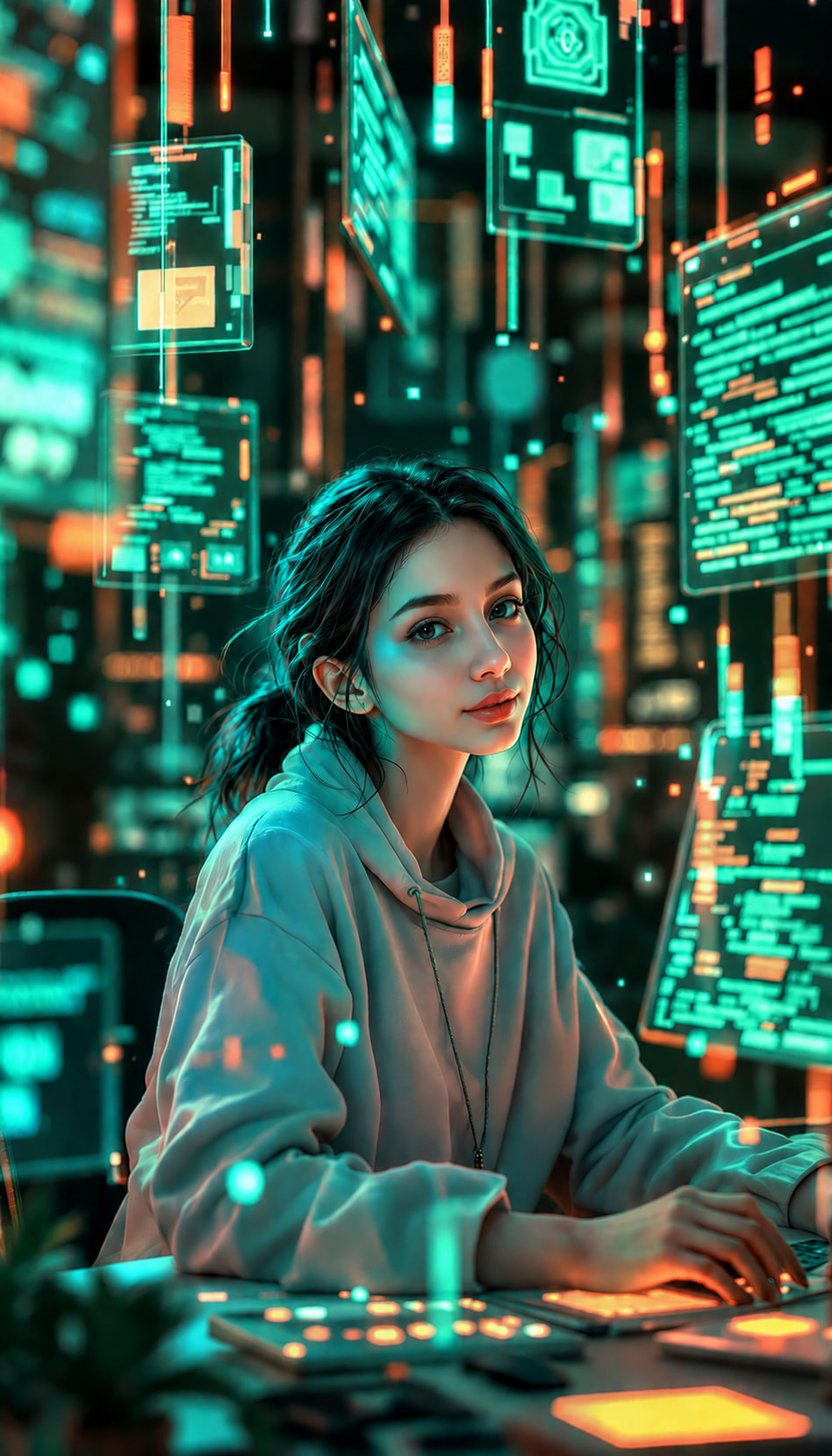 Illustrated portrait of Bita working at a computer